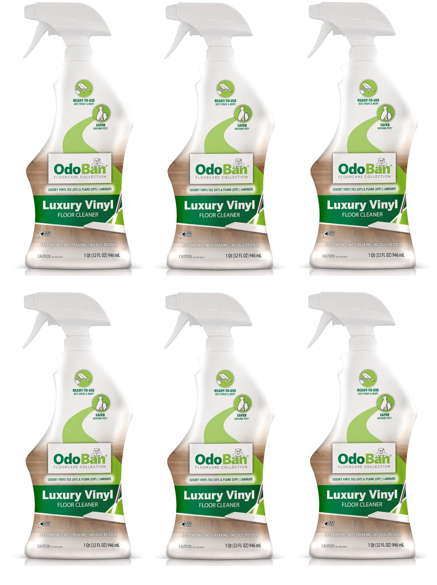 OdoBan Ready-to-Use Luxury Vinyl Floor Cleaner, Streak Free and Neutral PH Formula, Made in the USA, Scentless, 32 Oz Spray 6-Pack