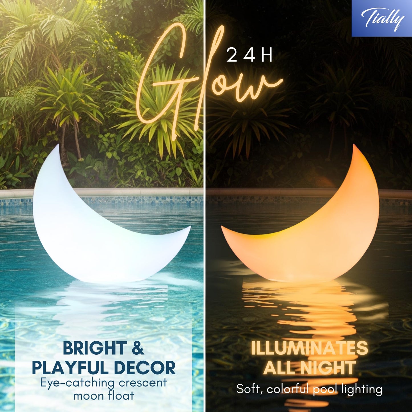 TIALLY Floating Pool Lights Solar Powered - 24" Crescent Moon Floating Pool Decorations, Floating Solar Pool Lights for Swimming Pool, Weddings, Pool Party Decor (2 Pack)