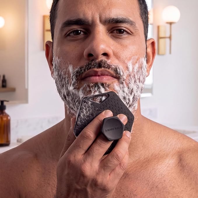 The BEARD BLACK Silicone Beard Scrubber - Deep Cleansing Beard Brush for Men - Manual Exfoliating Face Scrubber for Beardruff & Flake Removal - Soft Touch Grooming Tool for Shower & Travel
