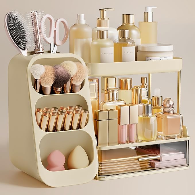 HBlife Bathroom Organizers and Storage with Brush Holder for Vanity, 3 Tier Plastic Makeup Organizer for Dresser Counter, Skincare, Lipstick, Perfume, and Cosmetic Storage, Beige