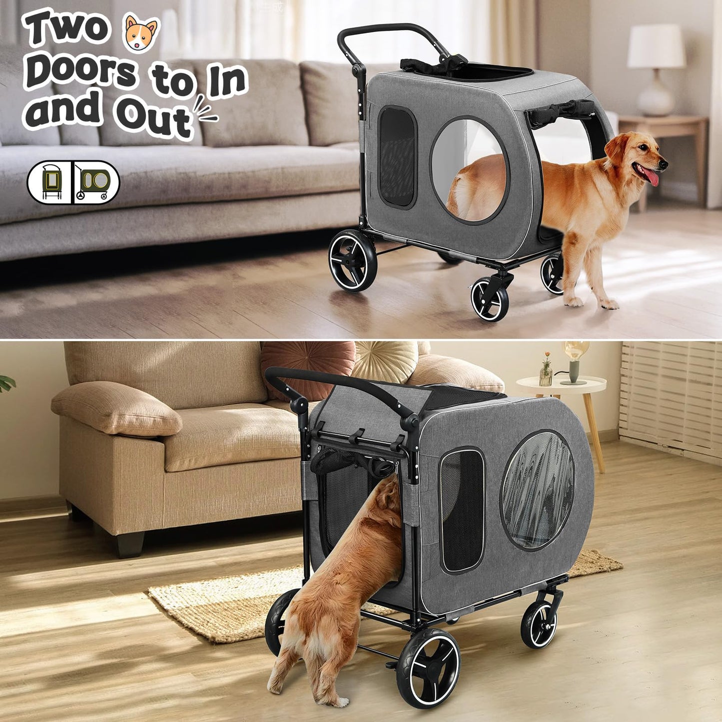 Saudism Large Dog Stroller for Medium Dogs，Pet Stroller for 2 Small Dogs, Foldable Jogger Wagon with Detachable Carrier for Car Seat, Adjustable Handle, Up to 90 lbs, Gray
