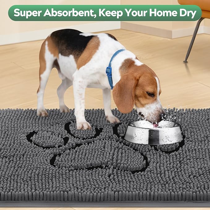 Dog Door Mat for Muddy Paws, Pet Rug Chenille Absorbent Outdoor Doormat 71"x 25", Non Slip Heavy Indoor Doormat Soft Front Inside Doormats for Entryway, Mud Paws, Patio,Dog Paw Black Grey