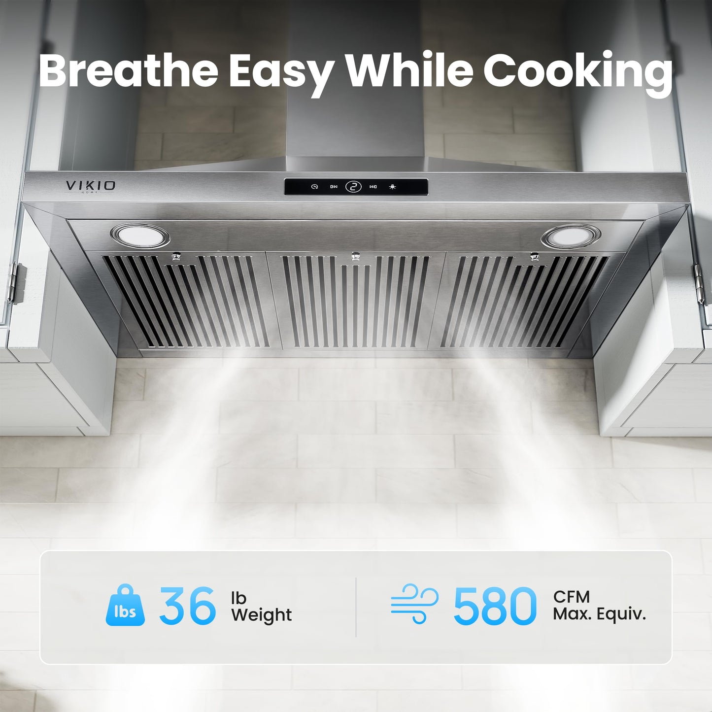 VIKIO HOME Wall Mount Range Hood 36inch, 580 CFM, Ducted/Ductless Convertible, Stainless Steel Kitchen Vent Hood with 3-Speed Fan and LED Lights