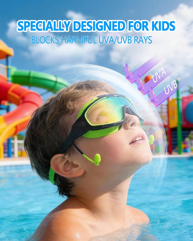 YLKJSWIM Swim Goggles for Kids 3-15 with Earplugs Large Frame Anti-Fog/UV Swimming Goggles for Boys Girls Toddler 2PCS (Green Black+Blue New)