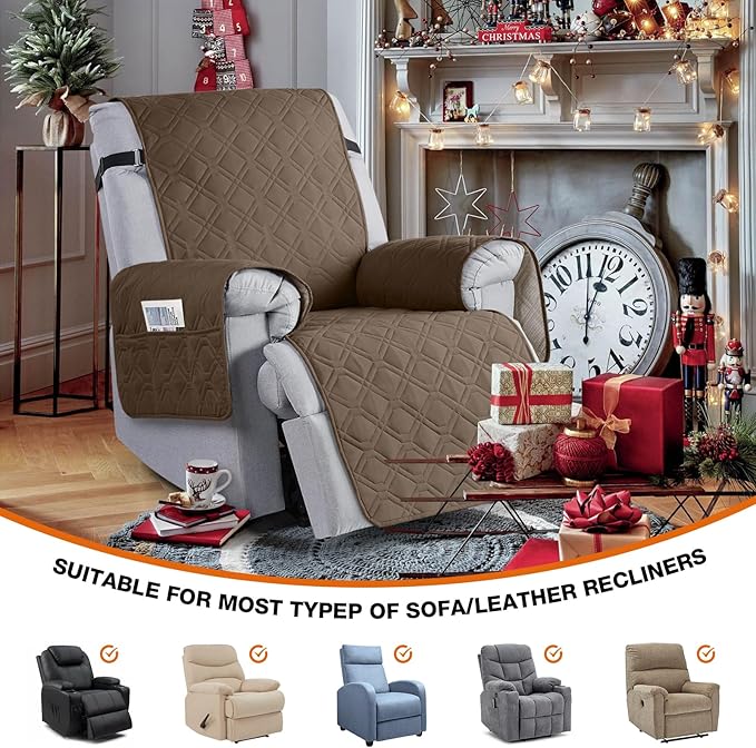 VANSOFY 100% Waterproof Recliner Chair Covers, Recliner Cover Non-Slip Dog Chair Cover Furniture Protector Washable Slipcover with Pocket, Elastic Straps for Pets, Dogs(Brown, 25")