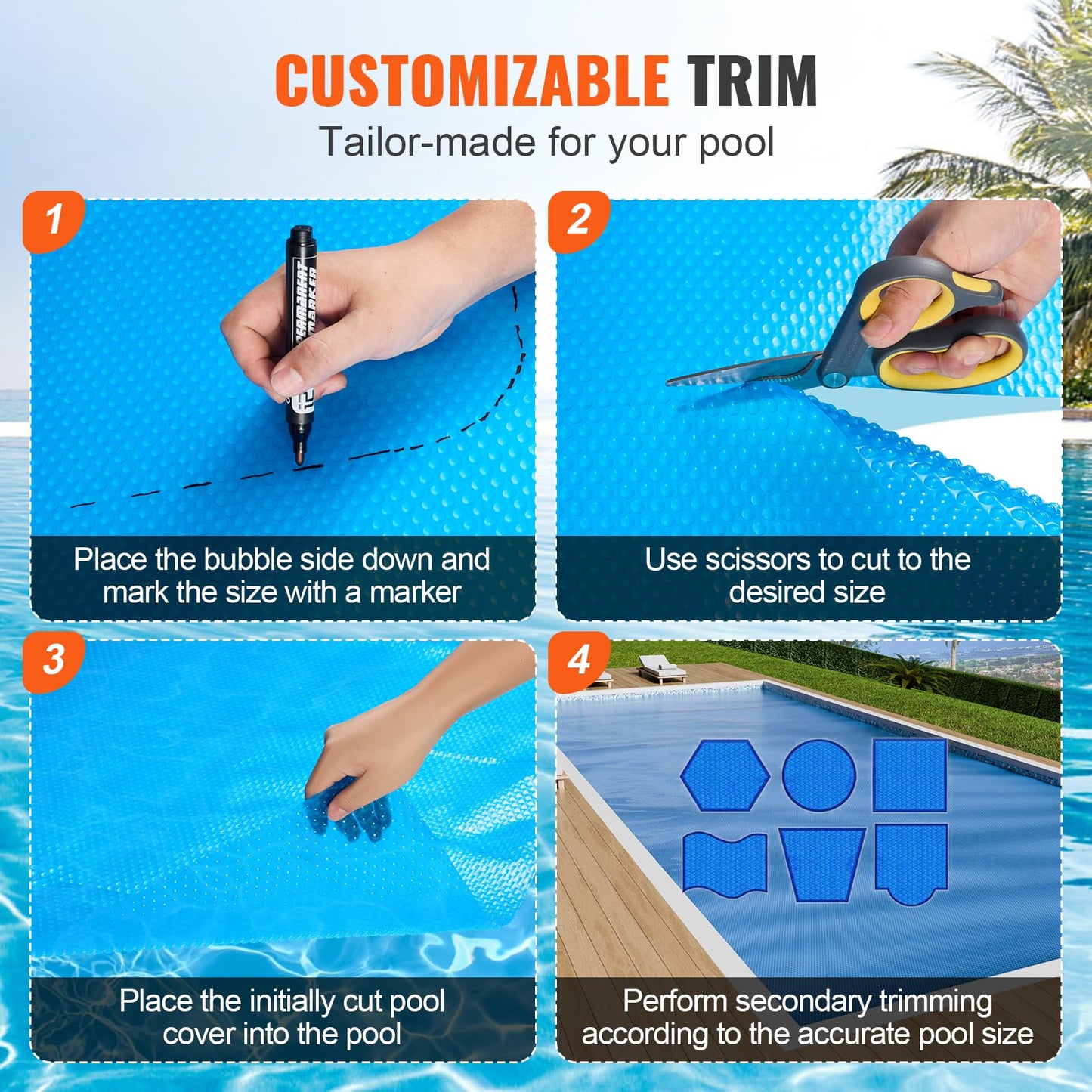 VEVOR Solar Pool Cover, 32 x 16 ft Rectangle Solar Cover 12 mil for Pools, Inground Above Ground Swimming Pool Solar Blanket with Bubble, Heat Retaining Solar Covers Blue