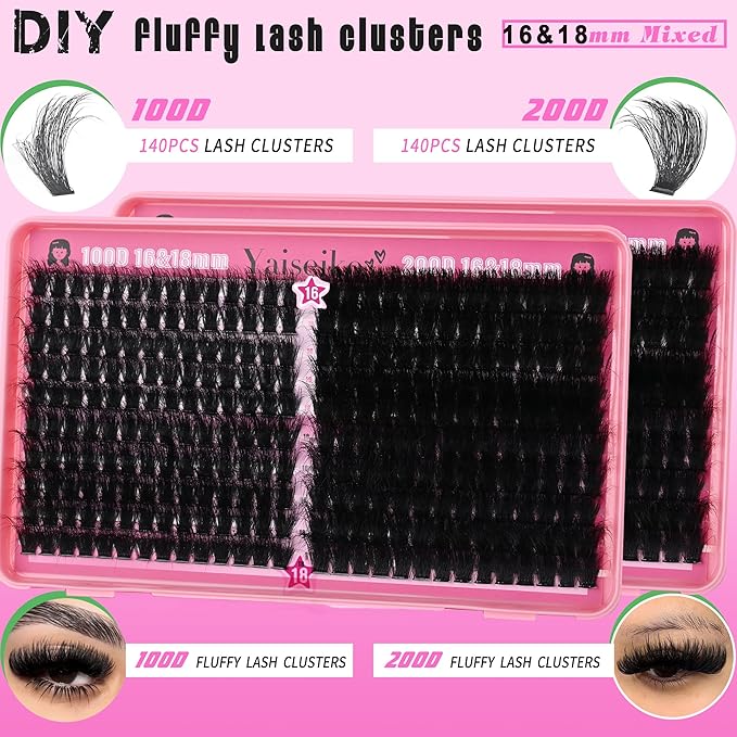 Lash Clusters 100D+200D Thick Eyelash Clusters 16 & 18mm Wispy Individual Mega Volume Lashes D Curl Cluster Eyelash Extensions 280Pcs DIY Lash Extension at Home, by Yaiseiko(Plant Fiber)