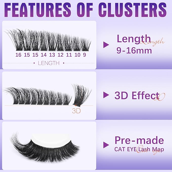 Pre-made Cat Eye Lash Extension Kit Lash Clusters Kit 9-16mm Wispy Cluster Eyelash Extension Kit 80D+100D Individual Eyelashes with Lash Bond and Seal, Lash Tweezers by Geeneiya