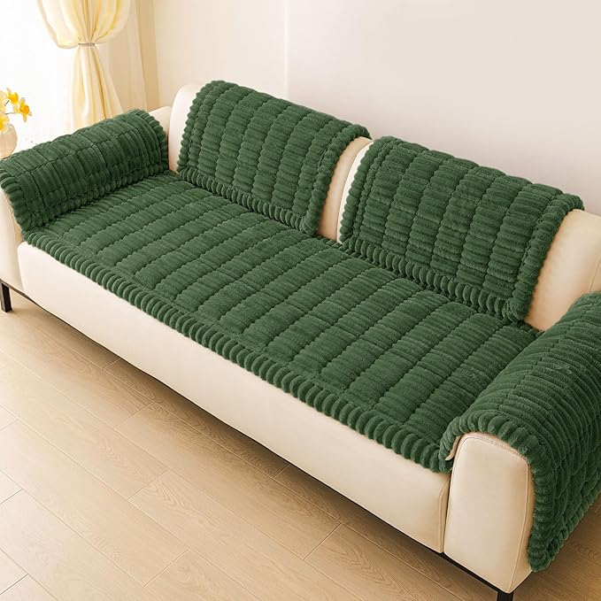 hyha Couch Covers for Dogs Washable, Non Slip Plush Dog Sofa Protectors, Fuzzy Pet Couch Covers for 3 Cushion Sofa Pet Friendly (Dark Green, 27.6" x 88")