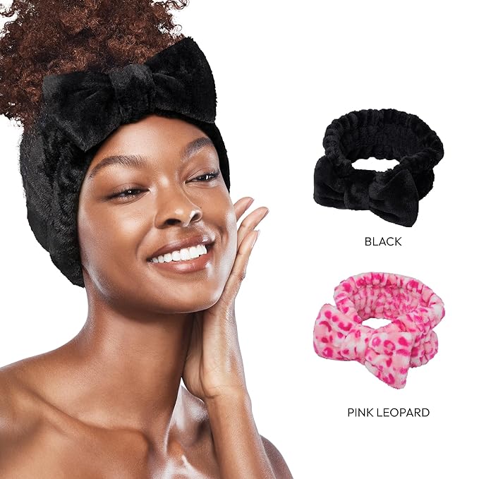 Red by Kiss Spa Headband for Washing Face Facial Makeup Bow Head Band Soft Plush Fleece Stretchy Head Wraps for Women Shower Bath Washing Face Mask (Black)