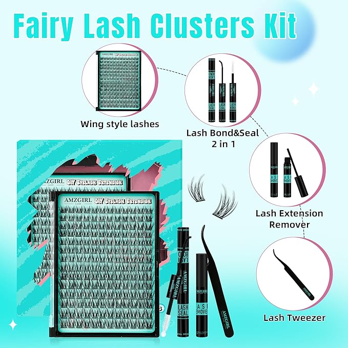 Manga Lash Clusters Kit 168pcs C Curl Fairy Eyelash Extension Individual Lashes Bond and Seal Waterproof,Eyelashes Glue Remover,Lash Applicator for Volume Anime Lashes Cluster(Wing,C-10-18mm Kit)