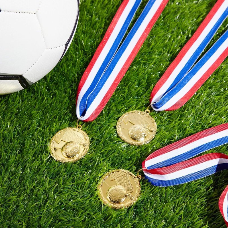 Juvale Soccer Medals - 12-Pack, 2-Inch Gold Zinc Alloy with 15.5-Inch Red, White & Blue Ribbons - Soccer Party Favors, Trophy Award - 1st Place Medals