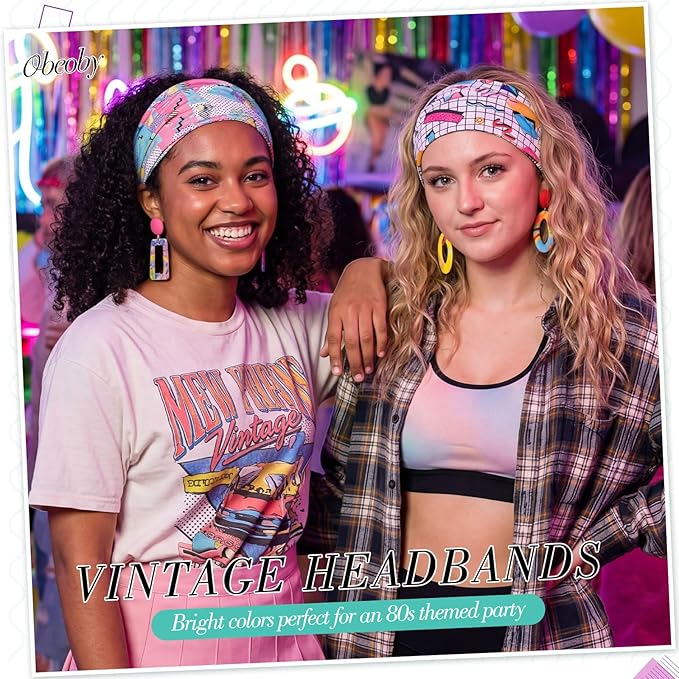 obeoby 8 Pack 80s Print Neon Headbands for Rave Outfits Women, 90s Retro Accessories Sport Hairbands for Party Style Festival Outfits Running Cycling