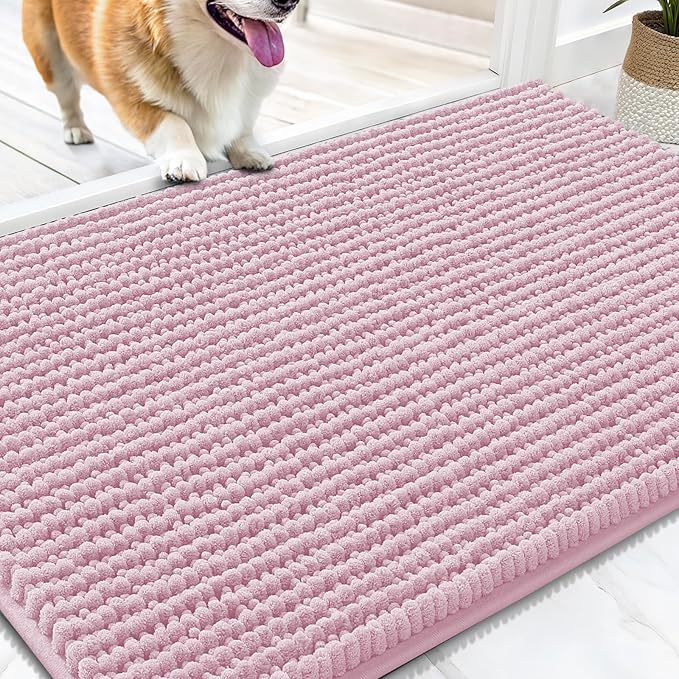 OLANLY Dog Door Mat for Muddy Paws 30x20, Ultra Absorbent Chenille Mud Doormat, Non-Slip Washable and Dirt Trapping Doormat for Indoor Entryway, Quick-Dry Indoor Pet Bed Mats for Dogs, Dusty Rose