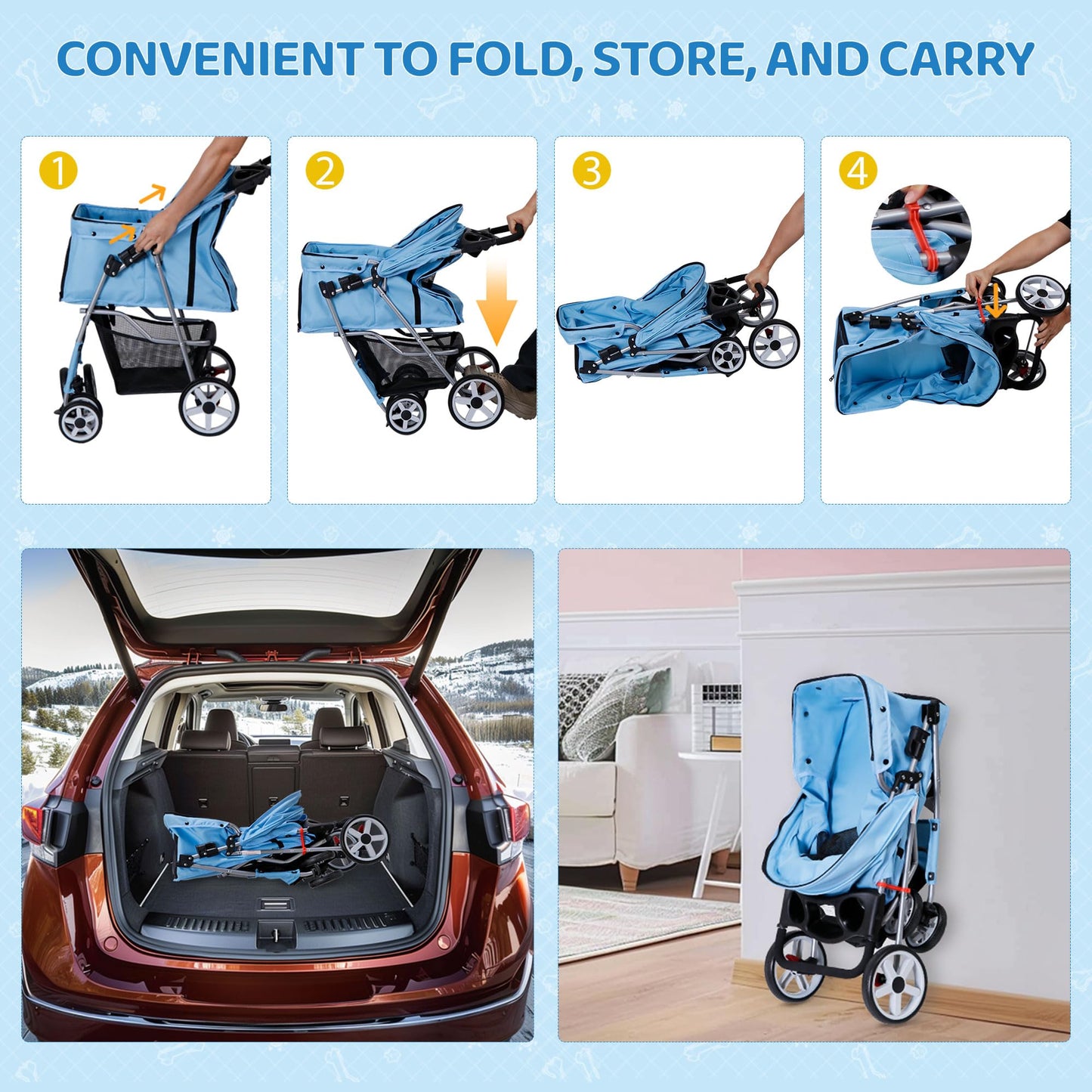 ZENY Foldable Pet Stroller, Cat/Dog Stroller with 4 Wheel, Pet Travel Carrier Strolling Cart with Storage Basket, Cup Holder (Blue)