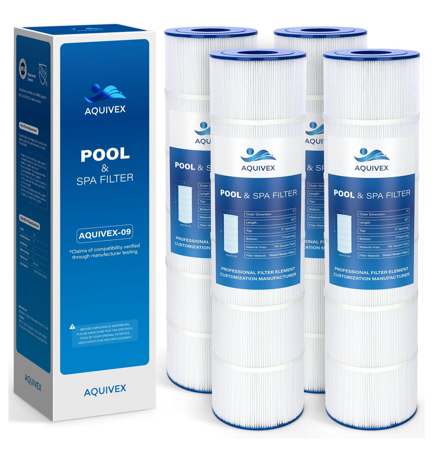 AQUIVEX CL580 Jandy Pool Filter Cartridge, Compatible with Jandy CL580, CV580, APCC7355, Pleatco PJAN145, PJAN145-PAK4, Unicel C-7482, Filbur FC-0820, FC-6415, Aladdin 24501, 4 Pack