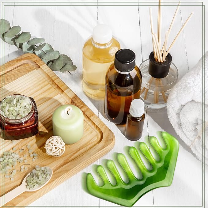 Geiserailie 2 Pcs Jade Combs Esthetician Supplies Massage Stone Hair Gua Sha Scraping Scalp Comb Facial Massage Tool Handheld Head Tools Head Caring Therapy Valentines for Women(Dark Green Style)