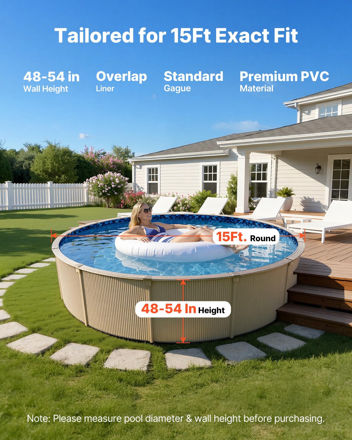 VEVOR 15-ft Round Above Ground Pool Liner, Overlap Pool Liners, Standard Gauge Vinyl, 48-to-54inch Wall Height, Designed for Steel Sided Above-Ground Swimming Pools