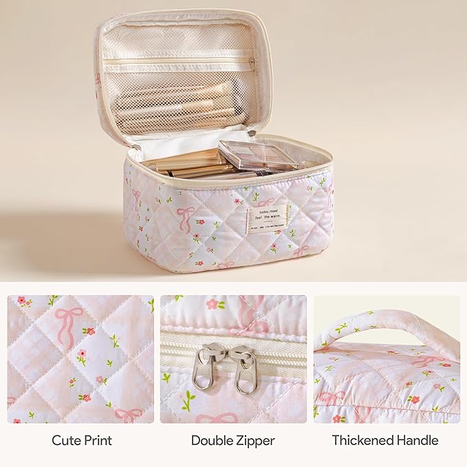 HBselect Quilted Makeup Bag, 3PCS Cotton Large Travel Makeup Bag, Cute Floral Coquette Make up Bag Cosmetic Bag Toiletry Bag for Women Girls