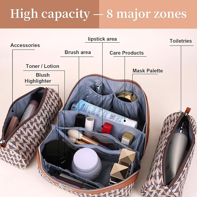BOYATU Travel Makeup Bags for Women: Large Capacity Cosmetic Bag Set of 3 - Vegan Leather Make up Bags with Compartments - Wide Open Waterproof Toiletry Organizer Bag with Handle (P-05-Brown)