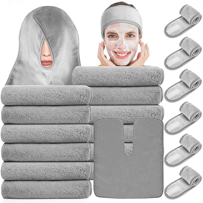 18PCS U-Shaped Microfiber Facial Towels for Estheticians,Ultra-Soft & Absorbent Spa Towels and Facial Spa Headband for Massage, Facial Steam & Skincare (Gray)