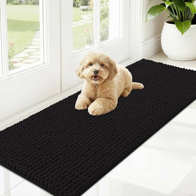 OLANLY Dog Door Mat for Muddy Paws 59x20, Ultra Absorbent Chenille Mud Doormat, Non-Slip Washable and Dirt Trapping Doormat for Indoor Entryway, Quick-Dry Indoor Pet Bed Mats for Dogs, Black