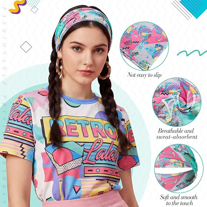 obeoby 8 Pack 80s Print Neon Headbands for Rave Outfits Women, 90s Retro Accessories Sport Hairbands for Party Style Festival Outfits Running Cycling