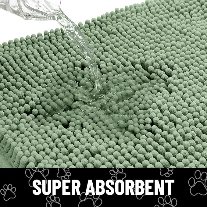 Smiry Dog Door Mat for Muddy Paws, Absorbent Dirt Trapper Non Slip Quick Dry Washable Chenille Mat for Mud Dogs, Entry Rug for Indoor and Outdoor (36x24 Inches, Olive Green and Black)