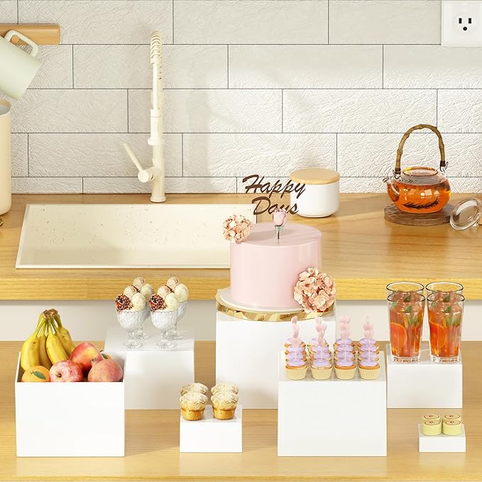6 Pcs White Acrylic Boxes for Display as Buffet Risers and Stands, Food Risers for Party, Table, Stands, including 8", 7", 6", 5", 4", 3" (Small, 6Pcs, White)