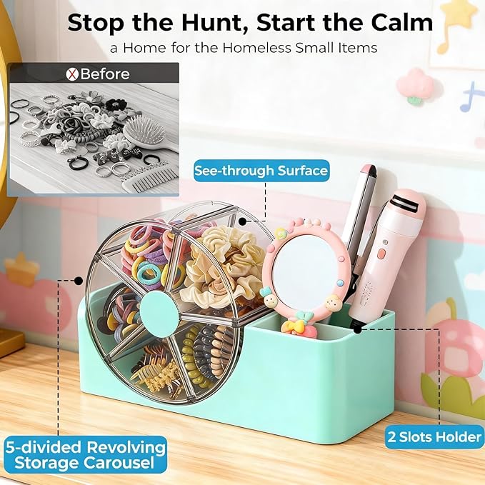 Hair Accessories Organizer for Girls, 2-Slot Hair Brush Holder & 5-Section Rotating Wheel, Cute Makeup Brush Holder for Hair Tile, Clip, Makeup Brush, Earring, Ring, Kids Vanity Accessories (Seafoam)