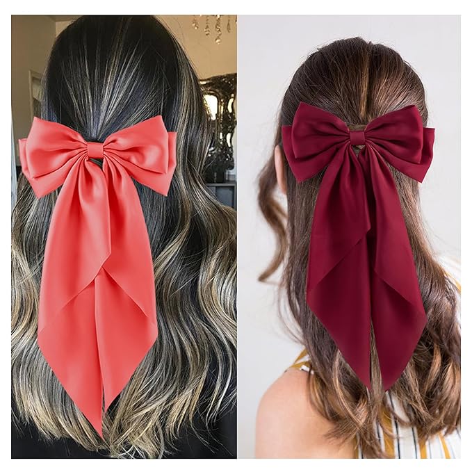 6Pcs Large Bows Hair Clips for Women Girls Long Tail Hair Ribbon Silky Satin Barrettes Coquette Bows Accessories (Pink/Peach/Wine Red/White/Black)
