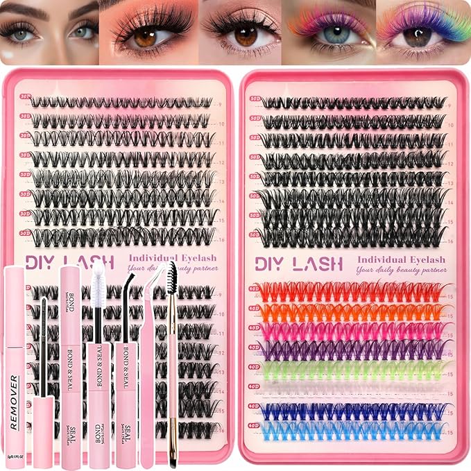 Lash Clusters Kit, 640 Pcs Eyelashes Clusters Extensions Kit 9-16mm Individual Lashes D Curl Fluffy Wispy False Eyelashes Thin Band, with Bond Seal Remover Tweezers Brush (30D+40D+50D+40D Kit 9-16mm)