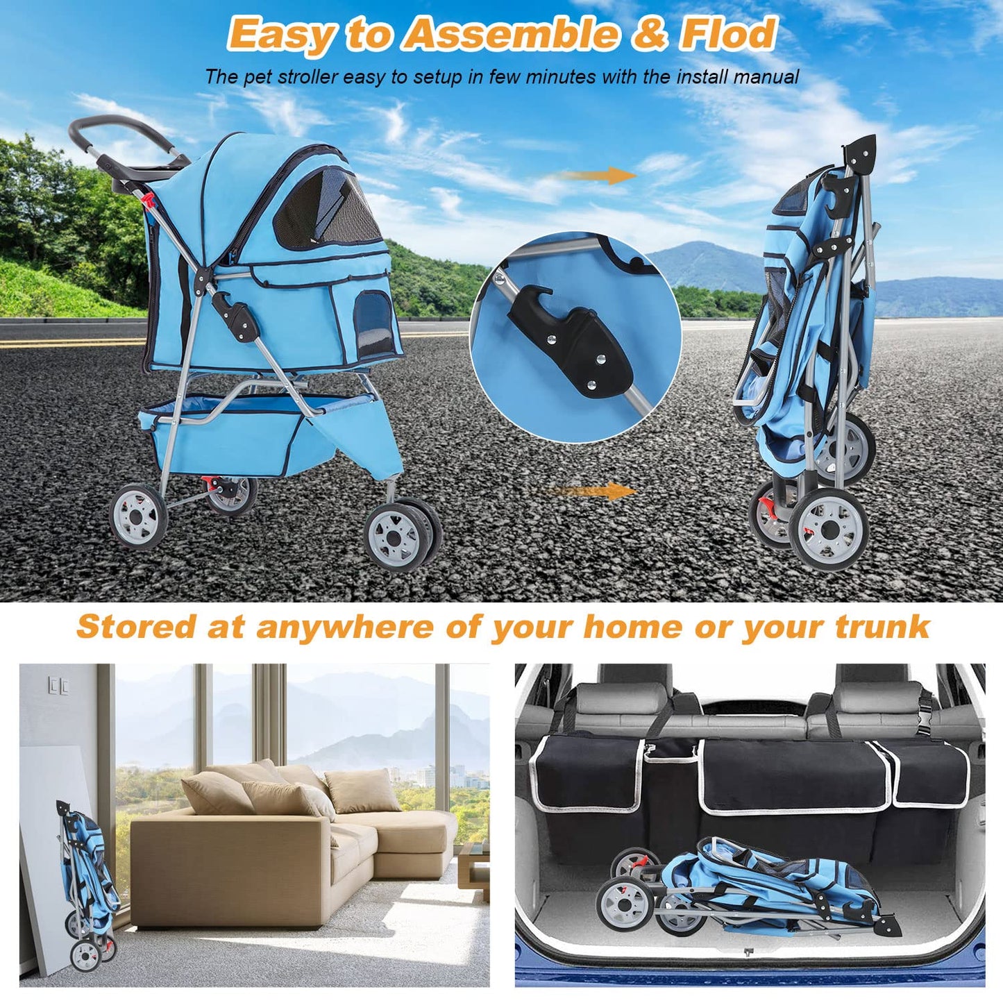 BestPet 3 Wheels Pet Stroller Dog Stroller Cat Cage Jogger Stroller Cats Travel Folding Carrier Waterproof Puppy Stroller with Cup Holder & Removable Liner,Blue