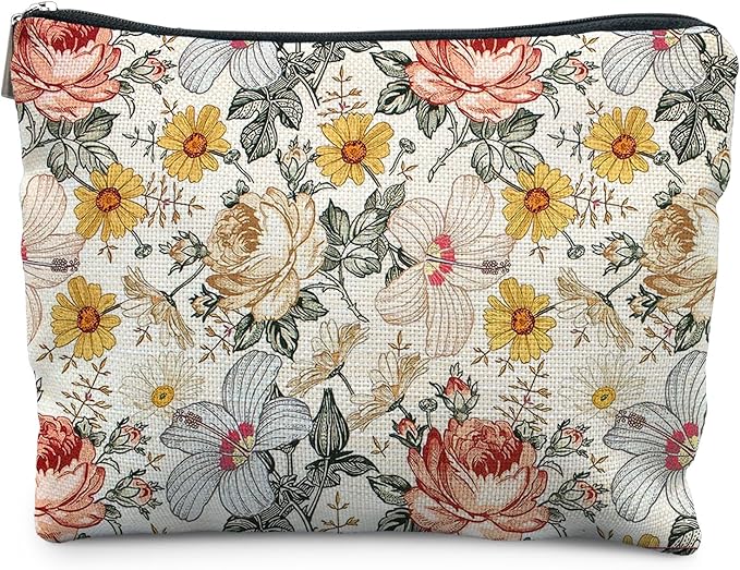 Floral Makeup Bag, Vintage Floral Pouch for Women, Aesthetic Makeup Bag, Flower Gifts for Women, Gifts for Flower Lovers, Colorful Garden Flowers Makeup Pouch