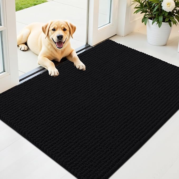 OLANLY Dog Door Mat for Muddy Paws 40x32, Ultra Absorbent Chenille Mud Doormat, Non-Slip Washable and Dirt Trapping Doormat for Indoor Entryway, Quick-Dry Indoor Pet Bed Mats for Dogs, Black