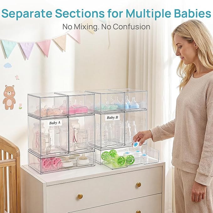 Vtopmart 10 Pack Clear Baby Bottle Organizer Set, Stackable Storage Drawers Ideal for Kichen Countertop, Vanity, Bathroom, Cabinet, Pantry Organization