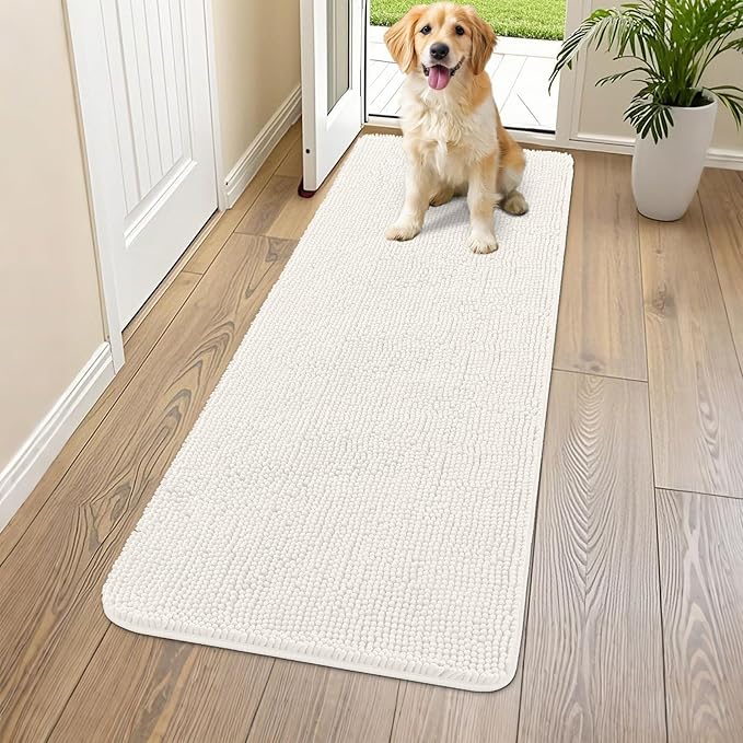 Smiry Dog Door Mat for Muddy Paws 59x24, Absorbs Moisture and Dirt Doormat, Non-Slip Washable Quick Dry Chenille Front Door Mat Indoor Entrance, Entryway Carpet for Inside Floor, Ivory