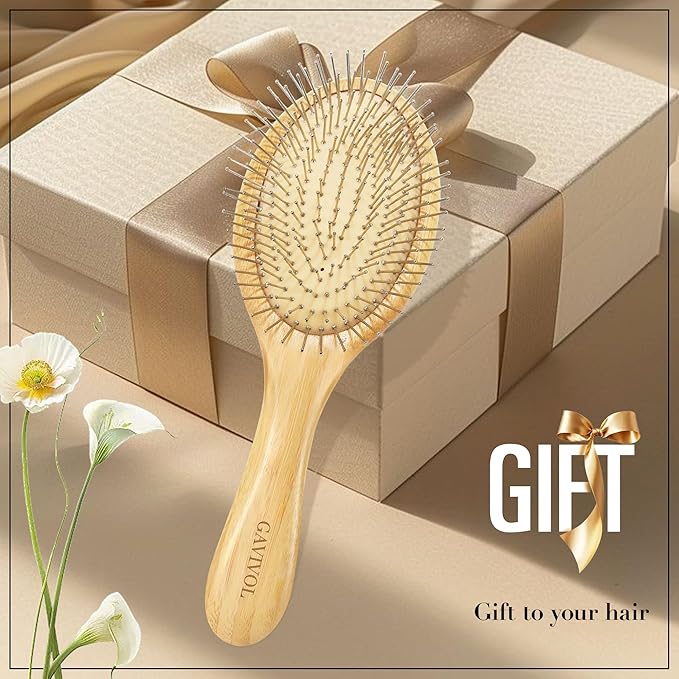 Natural Bamboo Hair Brush for Hair Growth Ergonomic Paddle Brush with Steel Bristles Detangling and Scalp Massaging Ideal for Women Men and Kids Suitable for All Hair Types