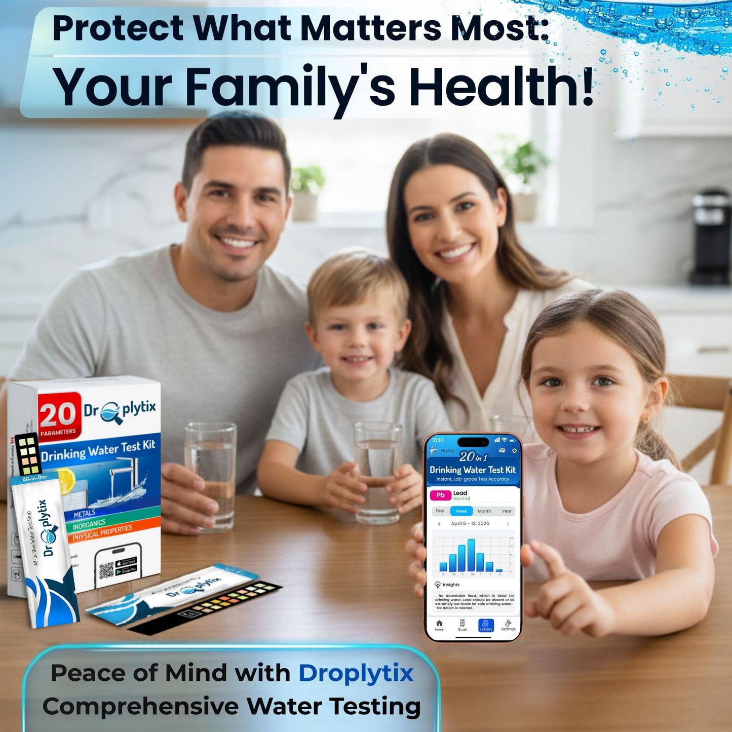 DROPLYTIX 20-in-1 Drinking Water Test Kit with Mobile App, Lab-Precision Home Water Testing Strips for Tap and Well Water, Tests pH, Hardness, Lead, Iron, Chlorine, Nitrate, Fluoride, Heavy Metals