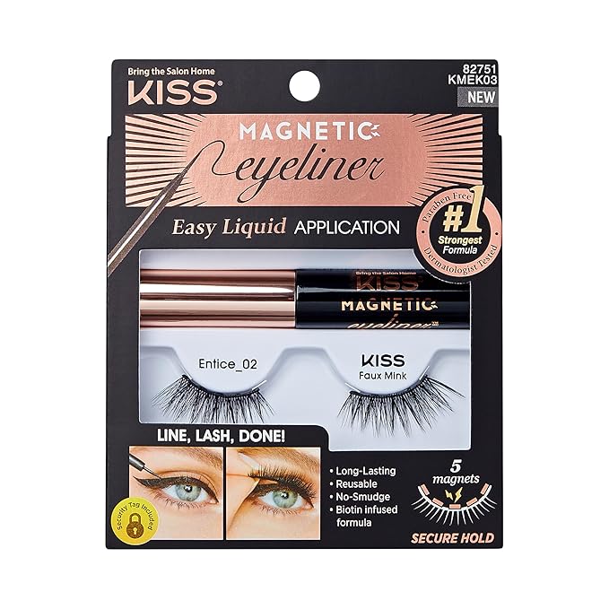 KISS Magnetic False Eyelashes and Eyeliner, ‘Entice’, 12mm, Easy to Apply, Reusable, No Glue, Flexiband Technology, Precision Felt Tip, Fortified Formula, 1 Pair Strip Lashes