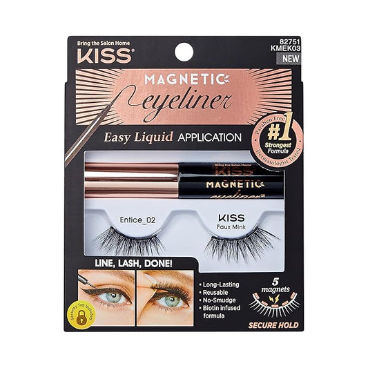 KISS Magnetic False Eyelashes and Eyeliner, ‘Entice’, 12mm, Easy to Apply, Reusable, No Glue, Flexiband Technology, Precision Felt Tip, Fortified Formula, 1 Pair Strip Lashes