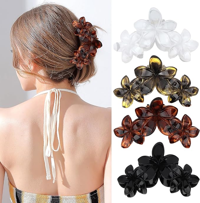 ANBALA 4Pcs Hawaiian Flower Hair Clips Large Claw Clips for Thick Thin Hair Non Slip and Strong Hold Beach Accessories