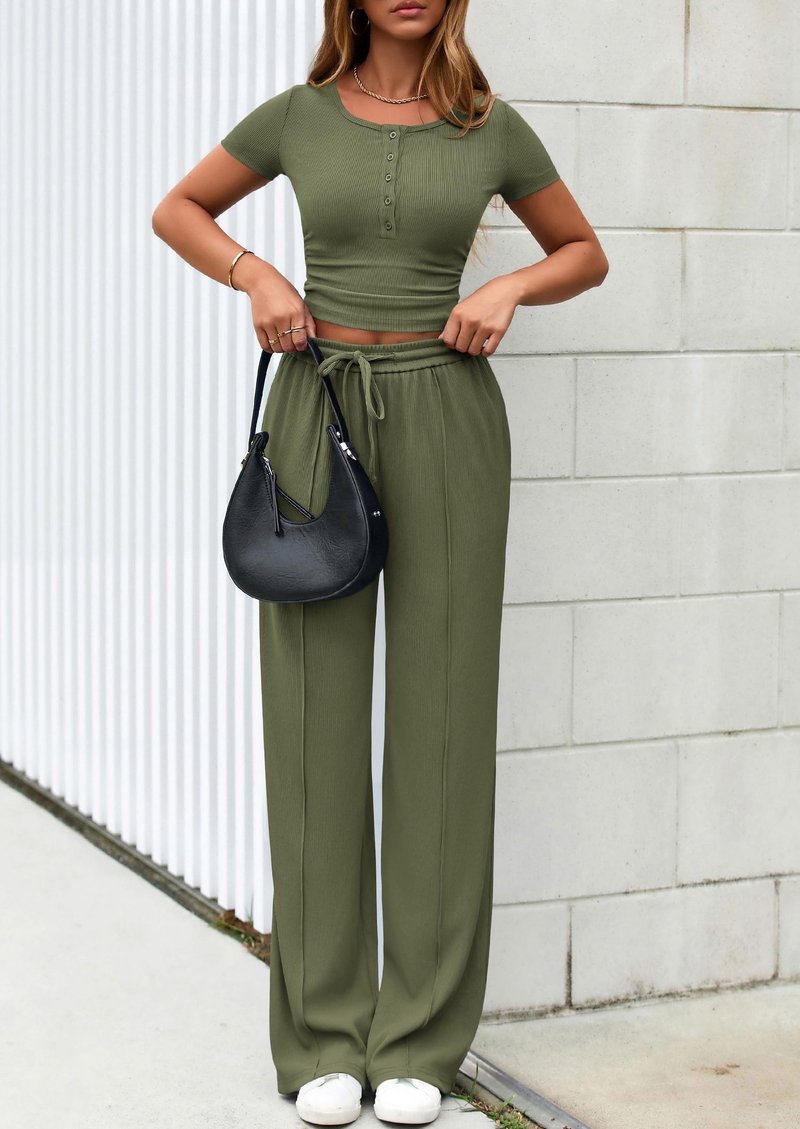 PRETTYGARDEN Womens 2 Piece Outfits Summer 2026 Ribbed Knit Button Short Sleeve Tops Casual Wide Leg Pants Lounge Sets