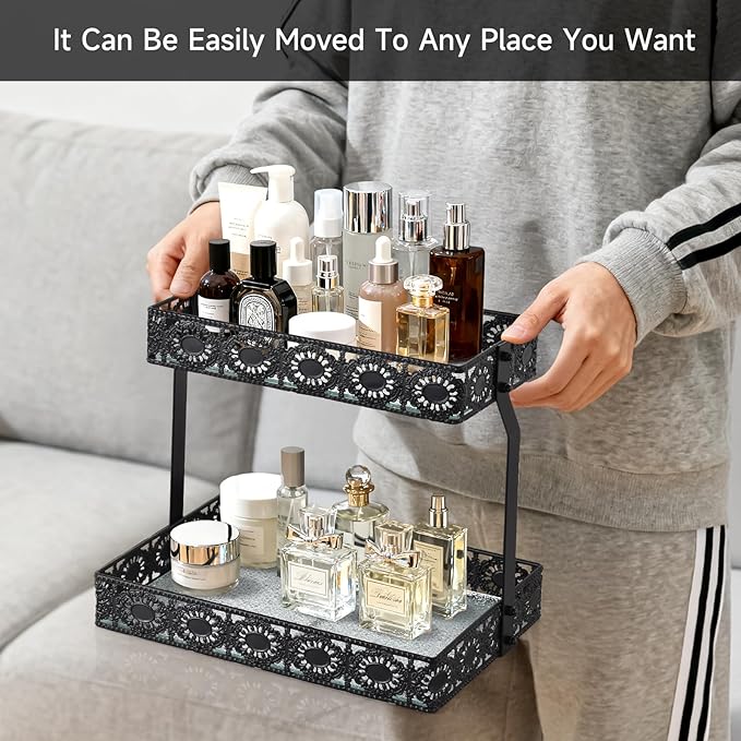 xiaojuande-Two Layer Glass Storage Tray with Portable Dressing Table Skin Care Product Organization Rack Corner Storage Rack for Bathroom Counter High-end Light - (Black)