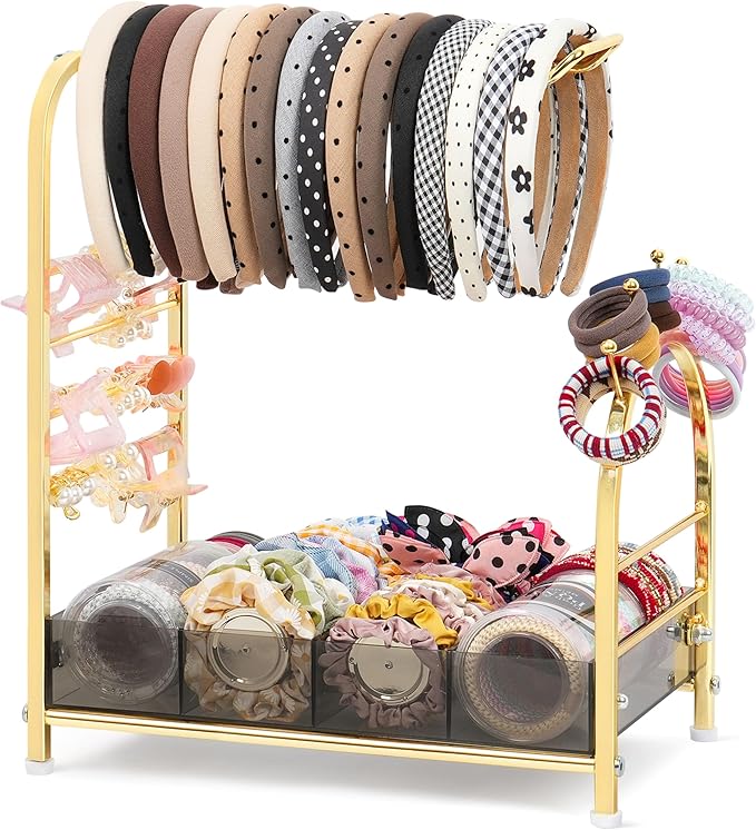 Keebofly Acrylic Hair Accessories Organizer, Versatile Headband Holder Stand for Scrunchies, Bows, Claw Clips, Hair Tie, Compact Hair Organizer Storage for Girls, Women, Babies, Amber & Gold-Plated
