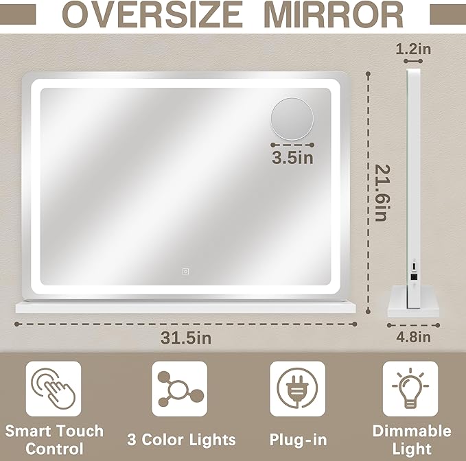 ROLOVE Vanity Mirror with Lights, 32" x 22" Large Lighted Vanity Mirror with Dimmable 3 Modes, LED Makeup Mirror, Touch Screen Control, USB Charging Port, Tabletop or Wall-Mounted