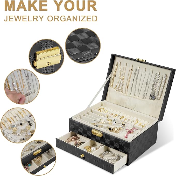 GUOER Jewelry Box for Women Girl Wife - Large PU Leather Jewelry Organizer Storage Case with Two Layers Display for Earrings Bracelets Rings Watches (Checkered Black)