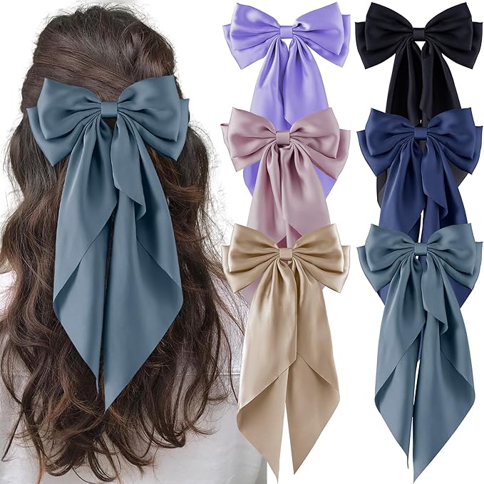 6Pcs Large Bows Hair Clips for Women Girls Long Tail Hair Ribbon Silky Satin Barrettes Coquette Hair Bows Accessories (Black/Bluegrey/Deepblue/Light Pink/Purple/Khaki)