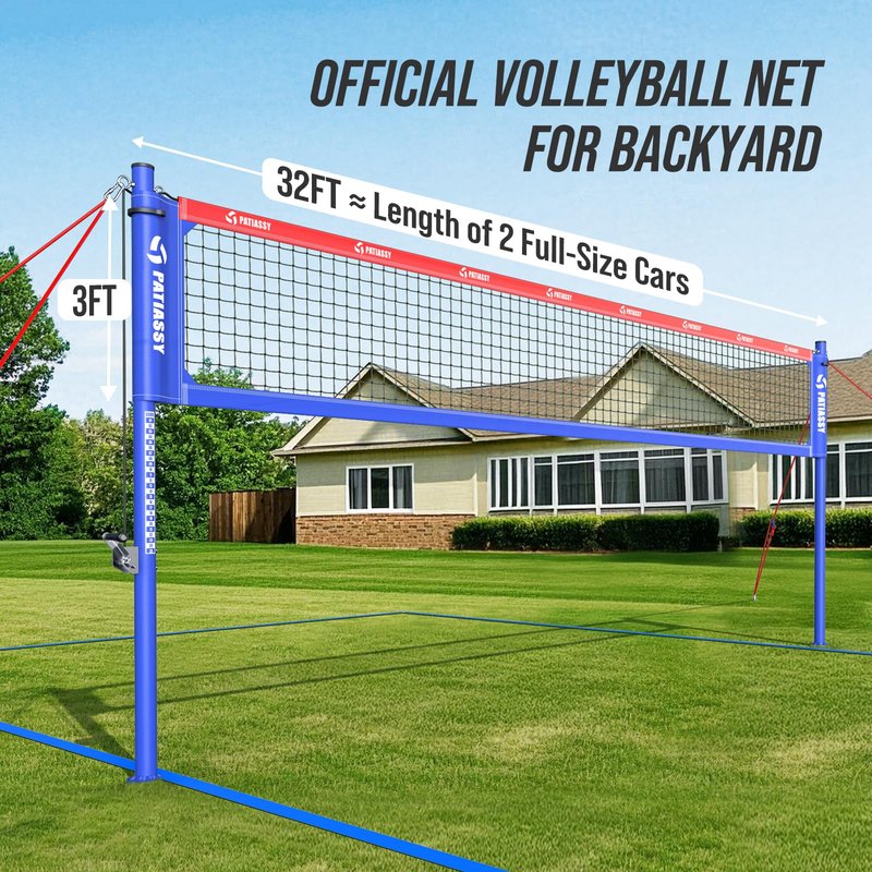 Professional Heavy Duty Volleyball Net Set for Backyard & Beach, Outdoor Net System with Steel Anti-Sag Winch, 32FT Reinforced Net, Height Adjustable Rust-Resistant Aluminum Poles, Portable Carry Bag