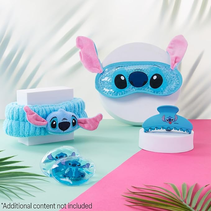 Disney Stitch Beauty Accessories Set with Cooling Eye Mask Gel Eye Pads Fluffy Skincare Headband Hair Claw Clip Relaxing Pampering Gifts for Women, Wife, Girlfriend (Blue)